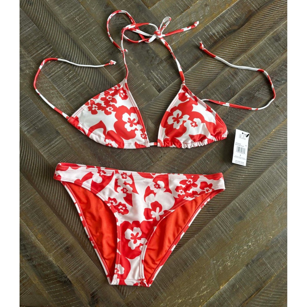 Billabong Beach Babe Tri Set Bikini Coral White Floral Hibiscus Small NWT